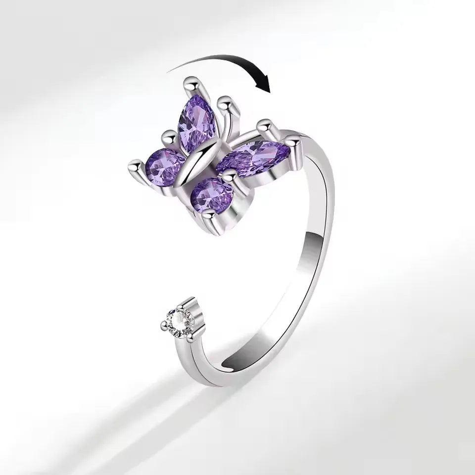 Wings of Transformation - Chic Rotating ADHD Ring for Women in 925 Silver - Purple & Silver Edition