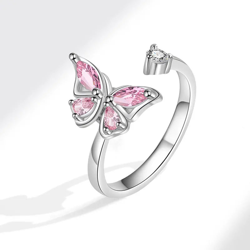 Wings of Transformation - 925 Silver Fidget Ring with Spinning Butterfly - Pink & Silver Edition