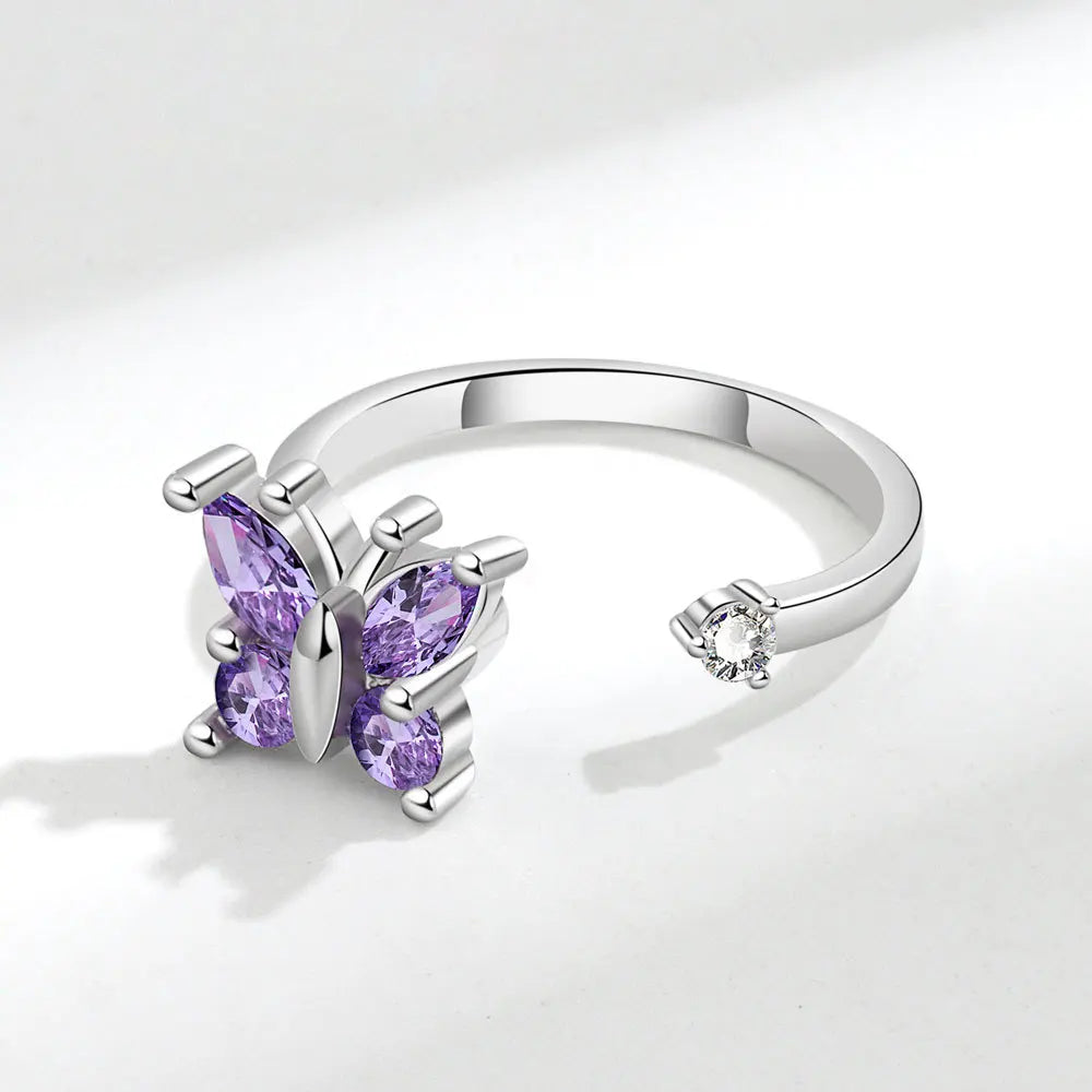 Wings of Transformation - Chic Rotating ADHD Ring for Women in 925 Silver - Purple & Silver Edition