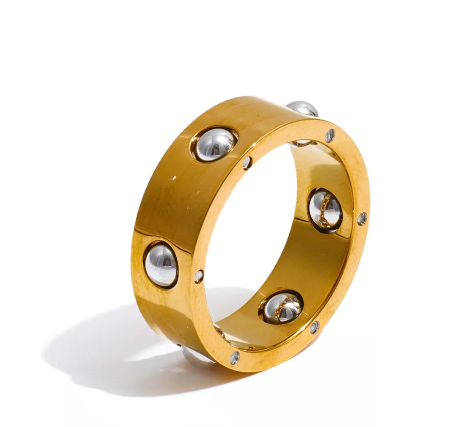 gold fidget ring bead roll wide band with beads anxiety relief jewelry spinner ring for focus