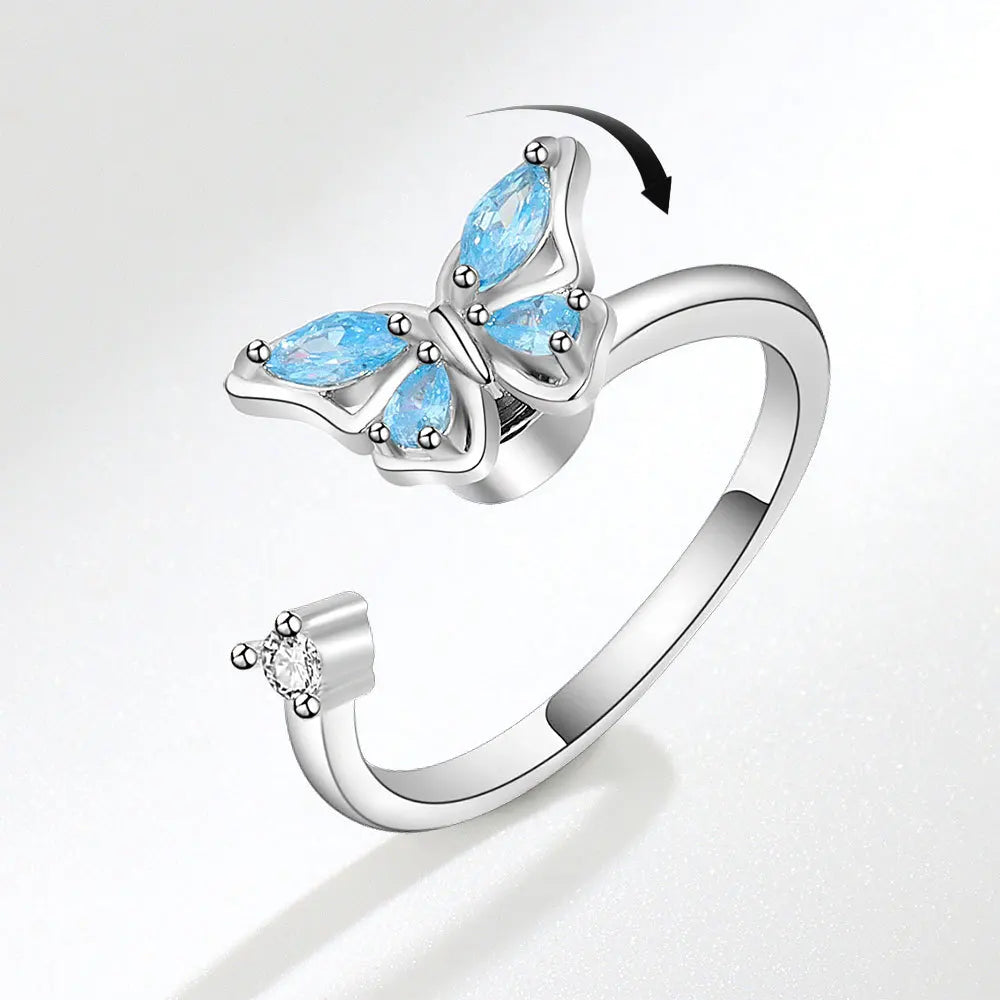 Wings of Transformation - Sleek Fidget Ring in Sterling Silver for ADHD - Blue & Silver Edition