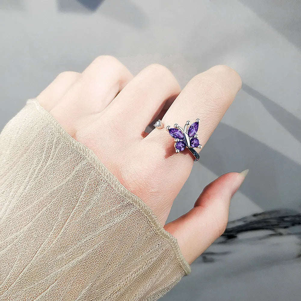 Wings of Transformation - Chic Rotating ADHD Ring for Women in 925 Silver - Purple & Silver Edition