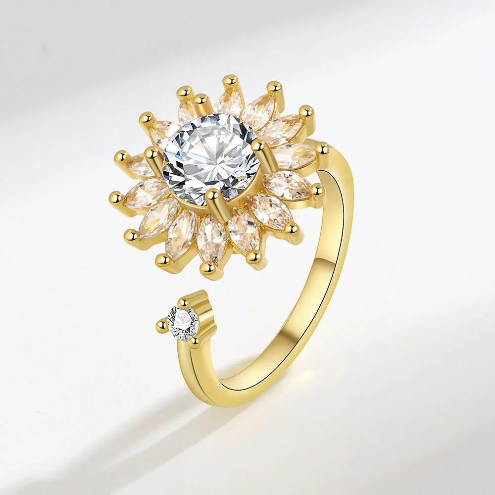 Mystic Blossom - Therapeutic Silver Spinner Ring for Women - White & Gold Edition