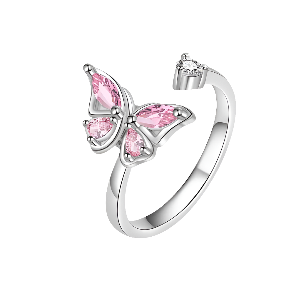 Wings of Transformation - 925 Silver Fidget Ring with Spinning Butterfly - Pink & Silver Edition