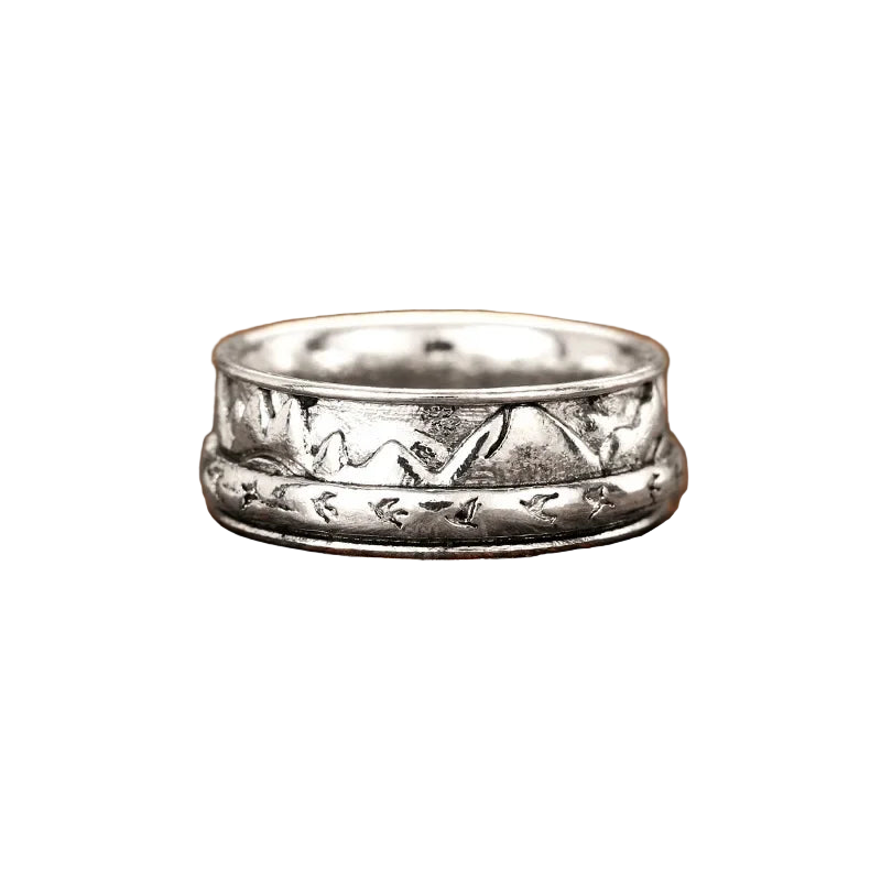 Dual-spin silver fidget ring with engraved montains and a second slim band engraved with flying birds