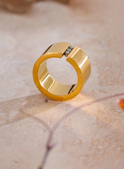 gold fidget ring gravity glide wide band with tiny beads anxiety relief jewelry spinner ring for focus