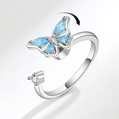 Wings of Transformation - Sleek Fidget Ring in Sterling Silver for ADHD - Blue & Silver Edition