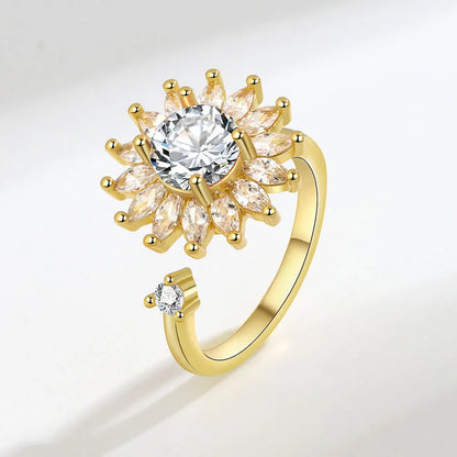 Mystic Blossom - Therapeutic Silver Spinner Ring for Women - White & Gold Edition