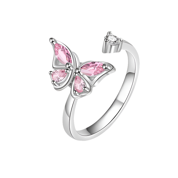 Wings of Transformation - 925 Silver Fidget Ring with Spinning Butterfly - Pink & Silver Edition